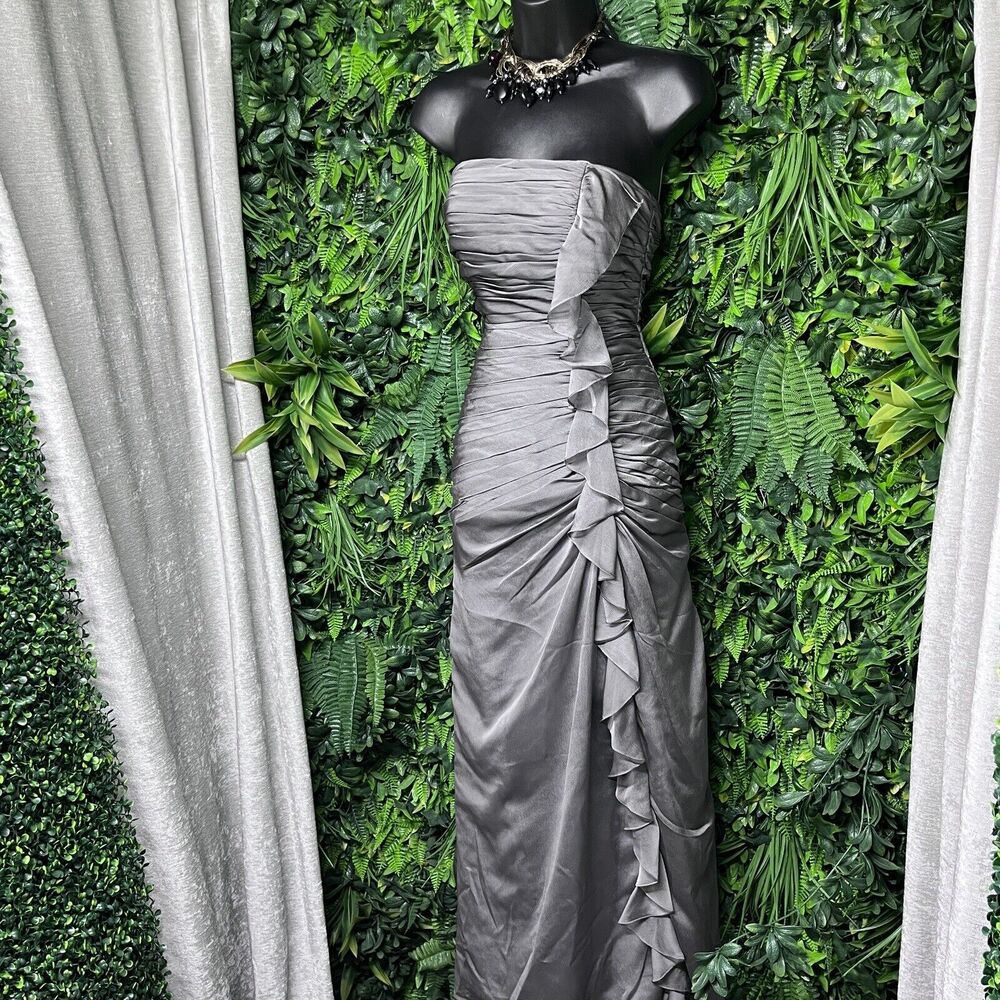 BARI JAY Dress Women 2 Gray Strapless Pleated Ruffle Gown Wedding Formal 2476
